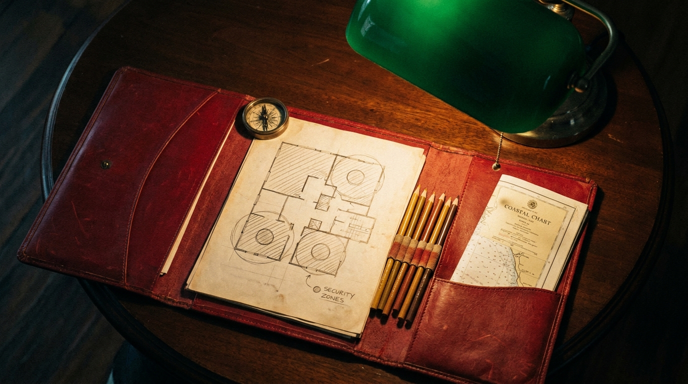 Open leather portfolio with hand-drawn security floor plan, brass compass, and coastal chart under a green banker lamp