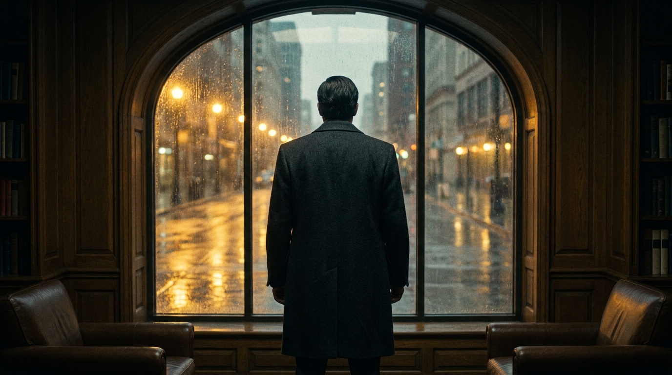 Silhouetted figure at an arched window overlooking a rain-slicked city at night