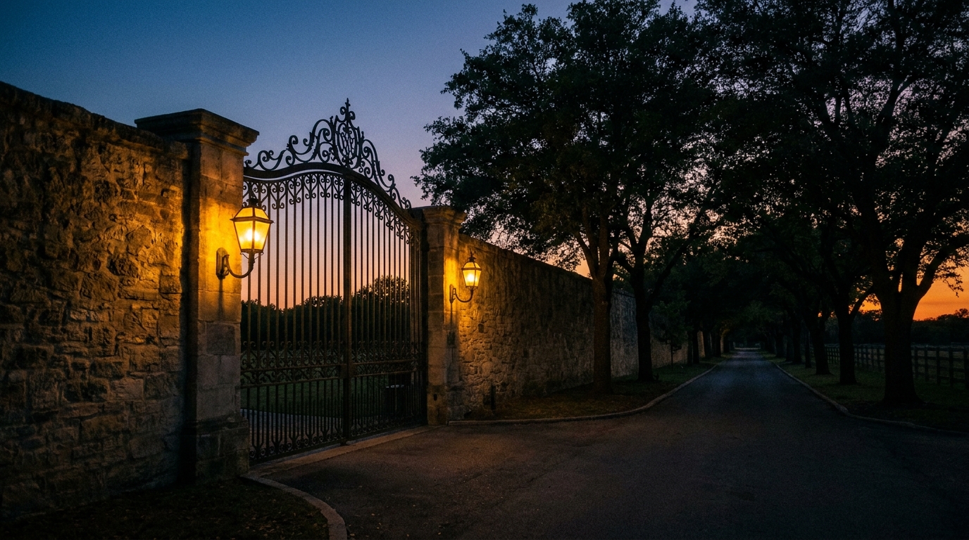 Wrought iron gate in a tall stone wall, gaslamps burning at dusk