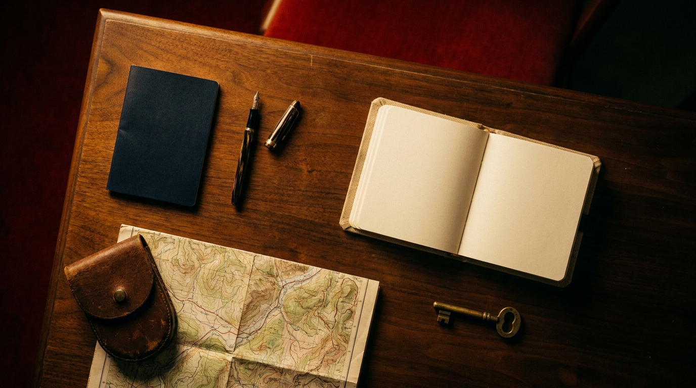 Passport, map, compass and fountain pen laid out on a walnut desk in warm light
